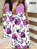 Ladies Summer Long Dress Printed Splicing Floral Banquet Round Neck Short Sleeve Tight Dress Elegant Sexy Woman Long Dress Xl