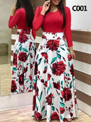 Ladies Summer Long Dress Printed Splicing Floral Banquet Round Neck Short Sleeve Tight Dress Elegant Sexy Woman Long Dress Xl
