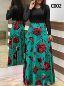 Ladies Summer Long Dress Printed Splicing Floral Banquet Round Neck Short Sleeve Tight Dress Elegant Sexy Woman Long Dress Xl