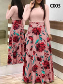 Ladies Summer Long Dress Printed Splicing Floral Banquet Round Neck Short Sleeve Tight Dress Elegant Sexy Woman Long Dress Xl