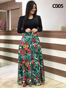 Ladies Summer Long Dress Printed Splicing Floral Banquet Round Neck Short Sleeve Tight Dress Elegant Sexy Woman Long Dress Xl