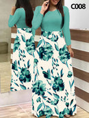 Ladies Summer Long Dress Printed Splicing Floral Banquet Round Neck Short Sleeve Tight Dress Elegant Sexy Woman Long Dress Xl
