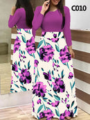 Ladies Summer Long Dress Printed Splicing Floral Banquet Round Neck Short Sleeve Tight Dress Elegant Sexy Woman Long Dress Xl