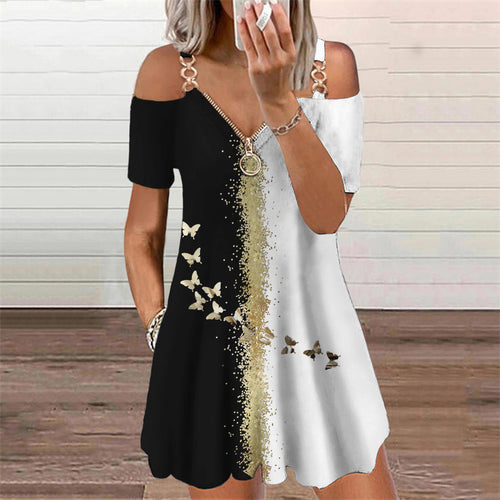 Butterflies 3D Print Elegant Fashion Dress Women's Clothing 2021 Summer Zipper V-Neck Off Shoulder Casual Mini Dresses Oversized