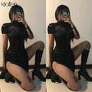 KLALIEN Black Monochrome Printing Satin Traditional Chinese Dresses Long Qipao Dress Sexy Split Tang Costume Banquet Qipao Woman