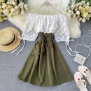 2022 Sexy Off Shoulder patchwork Summer Short Dress Party flower chiffon Slim waist lace up Women casual A-Line beach dress