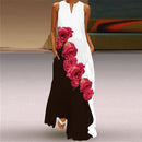 WAYOFLOVE 2022  Sleeveless Black Dress Summer Beach Casual Elegant Breathable Long Dresses Woman V Neck Rose Print Women&