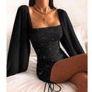 WEPBEL High Waist Long-Sleeve Sheath Mini Dress Blue Flat-Fitting Collar Sexy Dress Solid Color Fashion Slim Fit Bodycon Dresses