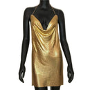 2022 Sexy Clubwear Backless Sequin Short Dress For Women Cocktail Metalic Split Mesh Harness Body Chain Club Low Cut Mini Dress