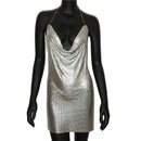 2022 Sexy Clubwear Backless Sequin Short Dress For Women Cocktail Metalic Split Mesh Harness Body Chain Club Low Cut Mini Dress