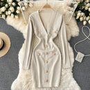 Women Knitted Pencil Dress Korean Long Sleeve V Neck Elastic Slim Dress Autumn Winter Sexy Bodycon Warm Sweater Dress