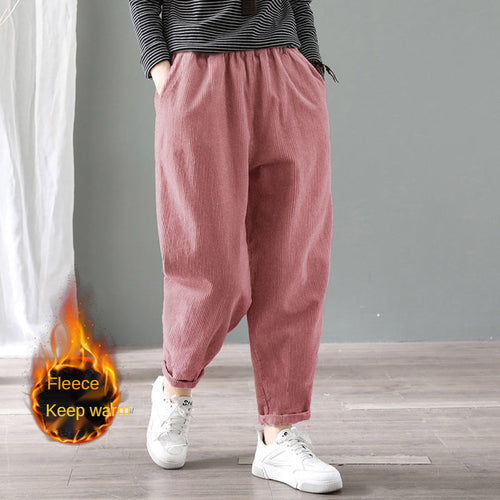 Velvet Warm Winter Pants for Women Elastic Waist Corduroy Harem Pant Loose Solid Pockets Oversize Streetwear Trousers Women