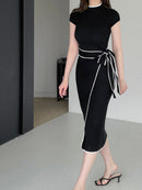 SMTHMA 2022 New Autumn Winter Korean Style Temperament Dress Ladies Slim Waist Lace-Up Knitted Mid-Length Sweater Dress Vestidos