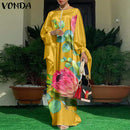 Women Kaftan Dress 2022 VONDA Summer Vintage Leopard Print Party Long Maxi Dress Casual Long Sleeve Pleated Robe Beach Vestidos