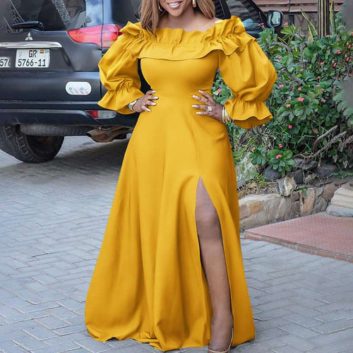 Off Shoulder Maxi Dress 2022 VONDA Women Vintage Long Sleeve High Slit Party Ruffled Dress Casual Vestido Oversized Robe Femme