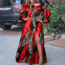 Off Shoulder Maxi Dress 2022 VONDA Women Vintage Long Sleeve High Slit Party Ruffled Dress Casual Vestido Oversized Robe Femme