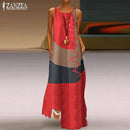 ZANZEA 2022 Womens Autumn Sundress Stitching Maxi Dress Casual Long Sleeve Tunic Vestidos Female Cotton Linen Robe