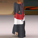 ZANZEA 2022 Womens Autumn Sundress Stitching Maxi Dress Casual Long Sleeve Tunic Vestidos Female Cotton Linen Robe