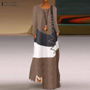 ZANZEA 2022 Womens Autumn Sundress Stitching Maxi Dress Casual Long Sleeve Tunic Vestidos Female Cotton Linen Robe