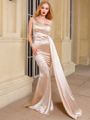 One Shoulder Padded Sexy Satin Maxi Dress Women&
