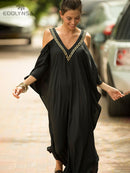 2022 Sexy Cold Shoulder V Neck Bats Sleeve Loose Summer Beach Dress Plus Size Women Beachwear Kaftan Black Dress Q943