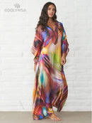 2022 Sexy Cold Shoulder V Neck Bats Sleeve Loose Summer Beach Dress Plus Size Women Beachwear Kaftan Black Dress Q943