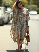 2022 Sexy Cold Shoulder V Neck Bats Sleeve Loose Summer Beach Dress Plus Size Women Beachwear Kaftan Black Dress Q943