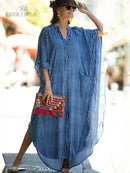 2022 Sexy Cold Shoulder V Neck Bats Sleeve Loose Summer Beach Dress Plus Size Women Beachwear Kaftan Black Dress Q943
