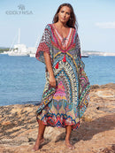 2022 Sexy Cold Shoulder V Neck Bats Sleeve Loose Summer Beach Dress Plus Size Women Beachwear Kaftan Black Dress Q943