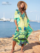 2022 Sexy Cold Shoulder V Neck Bats Sleeve Loose Summer Beach Dress Plus Size Women Beachwear Kaftan Black Dress Q943