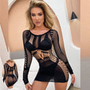 Sexy Women Dress Perspective Mesh Hollow Out Long Sleeves Sling Dress High Spaghetti Strap Club Party Dress Vestido Mini Dress