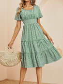 Summer Love Pattern Dot Print Dress Women 2022 New Casual Short Sleeve Square Collar Ruffles Medium Long Chiffon Dress