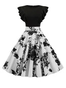 Black White Patchwork Floral Print Summer Dress Women 2022 Petal Sleeve Dot Vintage Dress Robe Casual Rockabilly Party Vestidos