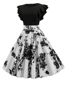 Black White Patchwork Floral Print Summer Dress Women 2022 Petal Sleeve Dot Vintage Dress Robe Casual Rockabilly Party Vestidos
