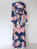Women Summer Long Dress 2022 Casual Long Sleeve Boho Floral Print Maxi Dress Turtleneck Bandage Elegant Party Dresses Vestidos
