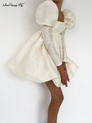 Mnealways18 Puff Sleeves Woman Party Dress Evening Chic Square Collar Ball Gown Dress Short Beige Satin Dresses Pleated Ladies