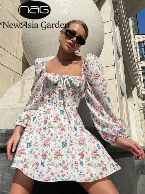 NewAsia Floral Dress Women Lantern Long Sleeve Ruched Print A Line Square Neck Tie up Mini Vestidos Sexy Chic Summer Beach Dress