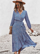 Spring Autumn Long Bandage Print Dress For Women 2022 New V Neck Full Sleeve Hight Waist Winter Maxi Dresses Ladies Elegant