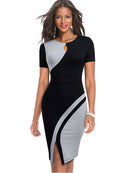 Nice-forever New Spring Elegant Stylish Contrast Color Patchwork Office Work vestidos Business Bodycon Women Dress B571