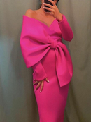 2022 Women Long Party Dresses Bare Shoulder Big Bow Large Size Slim Bodycon Dresses Celebrity Birthday Dinner Occasion Gowns 3XL