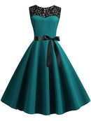 Blue Lace Patchwork Summer Dress Women Elegant Vintage Party Dress Casual Office Ladies Work Dress