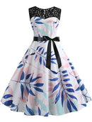 Blue Lace Patchwork Summer Dress Women Elegant Vintage Party Dress Casual Office Ladies Work Dress