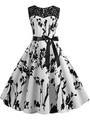Blue Lace Patchwork Summer Dress Women Elegant Vintage Party Dress Casual Office Ladies Work Dress