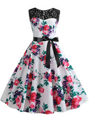 Blue Lace Patchwork Summer Dress Women Elegant Vintage Party Dress Casual Office Ladies Work Dress