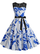Blue Lace Patchwork Summer Dress Women Elegant Vintage Party Dress Casual Office Ladies Work Dress