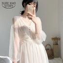 Elegant Button A-Line Vestidos Spring White Dress Women 2022 Autumn Puff Sleeve Empire V-Neck Lace Voile Mesh Dresses Chic 8126