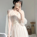 Elegant Button A-Line Vestidos Spring White Dress Women 2022 Autumn Puff Sleeve Empire V-Neck Lace Voile Mesh Dresses Chic 8126