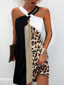 Sexy Halter Neck Leopard Patchwork Printing Mini Dress Sleeveless Beach Casual Summer Dresses Woman 2022 Oversized Loose Tunics