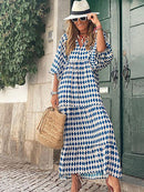 Fashion Printed Dress Women Puff Sleeve Long Dress Summer Boho Maxi Dress Geometric Print Long Dress Loose Holiday Beach Dress