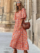 Fashion Printed Dress Women Puff Sleeve Long Dress Summer Boho Maxi Dress Geometric Print Long Dress Loose Holiday Beach Dress
